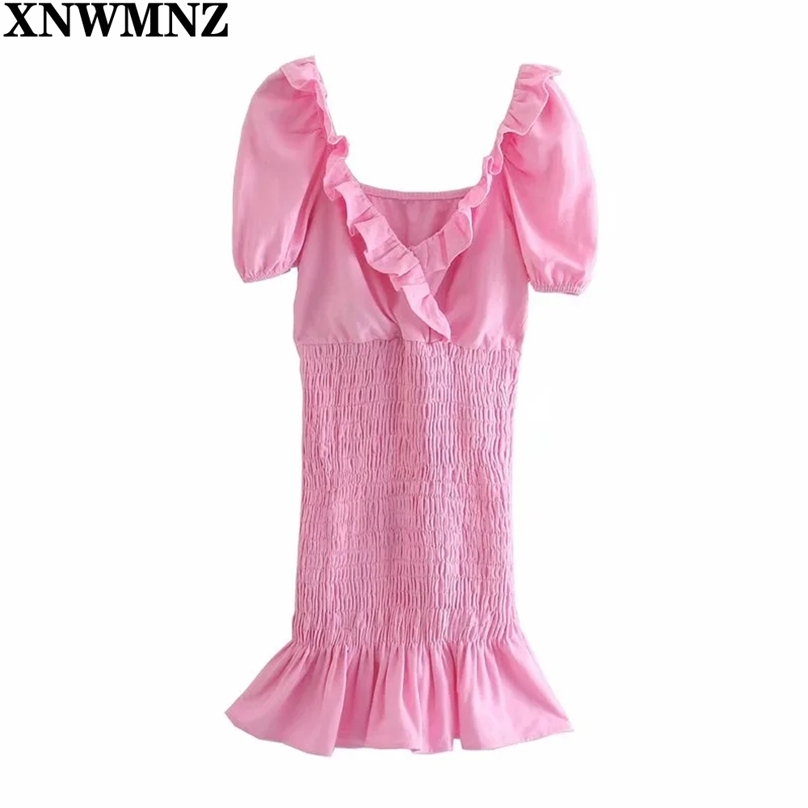 Women Fashion Summer V Neck Pink Ruffles Dresses Elegant Short Sleeve Sheath Ladies smocked elastic hem Mini 210520
Women Fashion Summer V Neck Pink Ruffles Dresses Elegant Short Sleeve Sheath Ladies smocked elastic hem Mini 210520