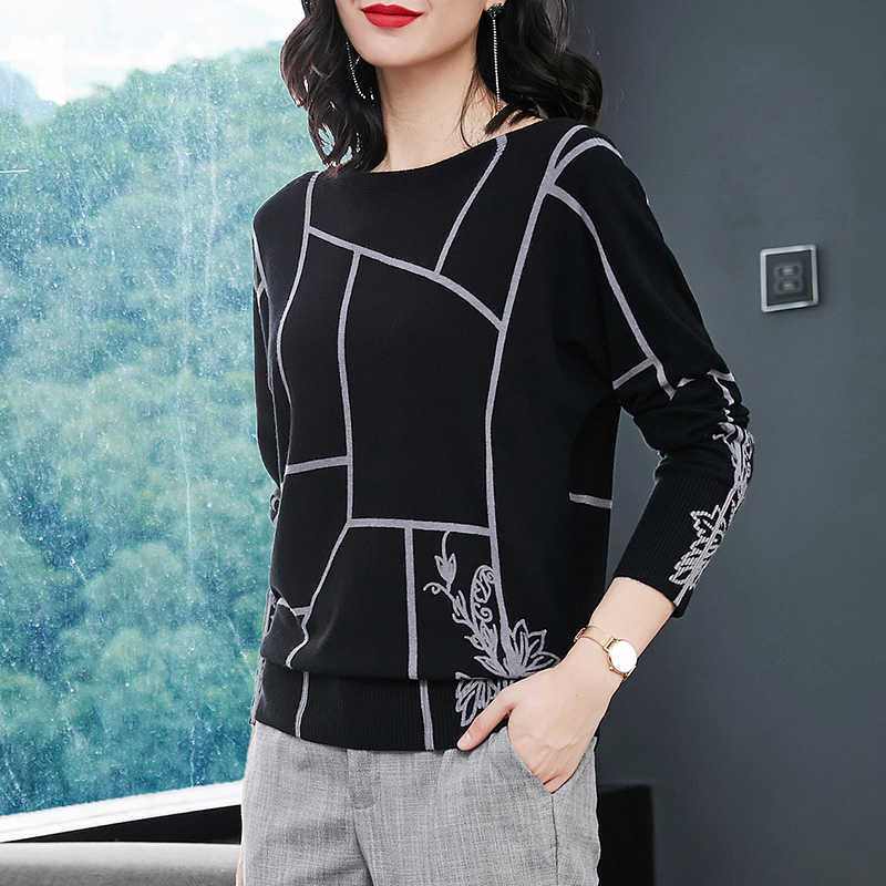 YISU Fashion Women Geometry Print Sweater Long Sleeve Jumpers Knitwear Autumn winter Pullovers high quality Knitted sweaters 210918