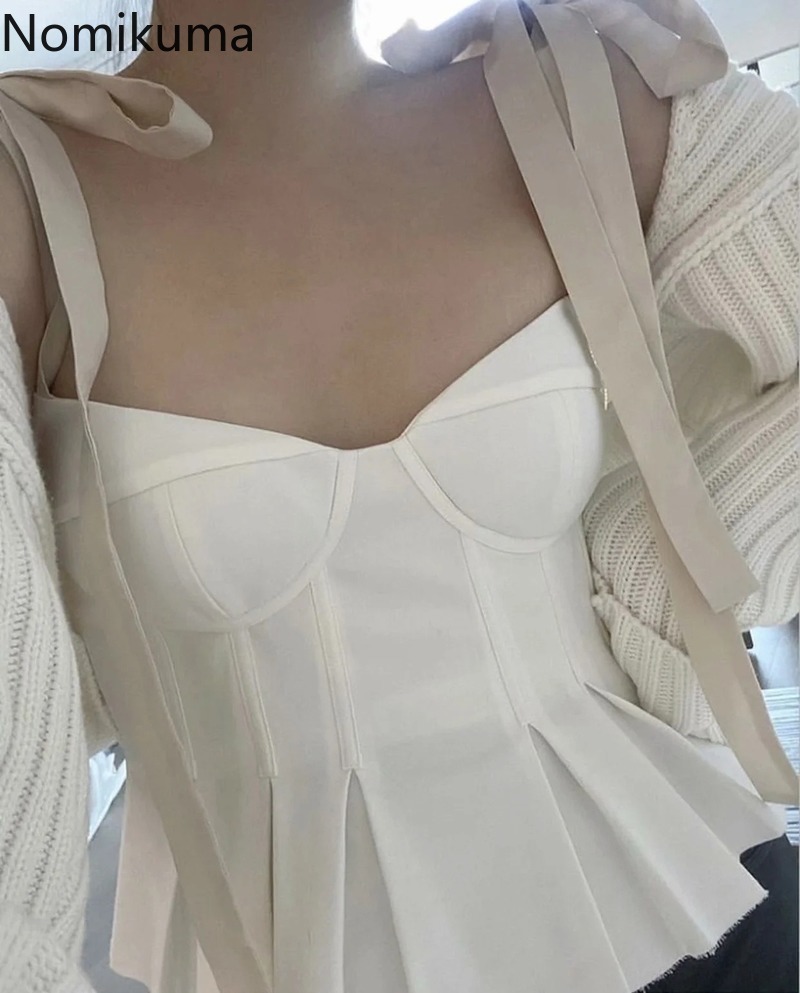 Nomikuma Spring Summer Bow Tie Sling Vest Korean Pleated Slim Waist Ruffle Women Tanks Tops Causal Short Camis Femme 6F079 210427