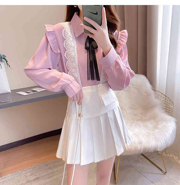Girl Student 2 Piece Set Korea Sweet Bow Ruffles Long Sleeve Chiffon Shirts + High Waist Pleated Short Skirts Fashion Outfits 210519
