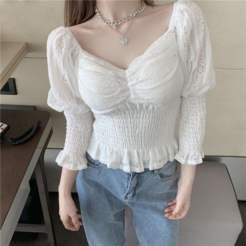 Women Long Sleeve Lace Shirt Square Collar Hollow Out Ruffled Tops Fashion Blouses Ropa Mujer 12966 210427