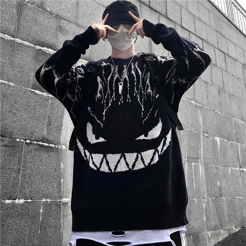 Woherb Harajuku Black Sweater Women Men Lightning Devil Knitted Jumper Oversize Pullover Hip Hop Streetwear Autumn Sweaters 211018