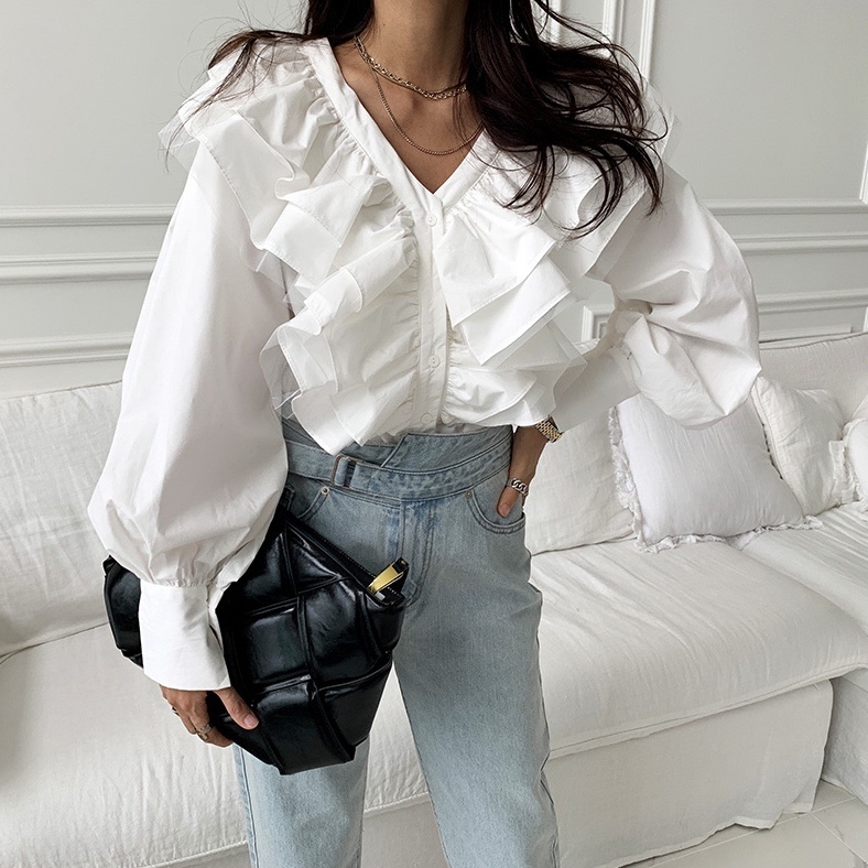 Nomikuma Korean Ruffle Patchwork Blouse Shirt Puff Sleeve V-neck Women Shirt Causal Spring Single Breasted Blusas New 6D929 210427