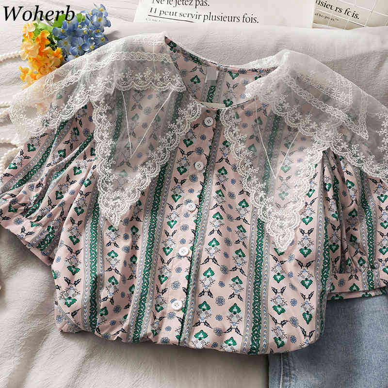 Lace Patch Turn Down Collar Women Blouse Flower Print Short Puff Sleeve Korean Chic Summer Shirt Vintage Blusa Mujer 210519