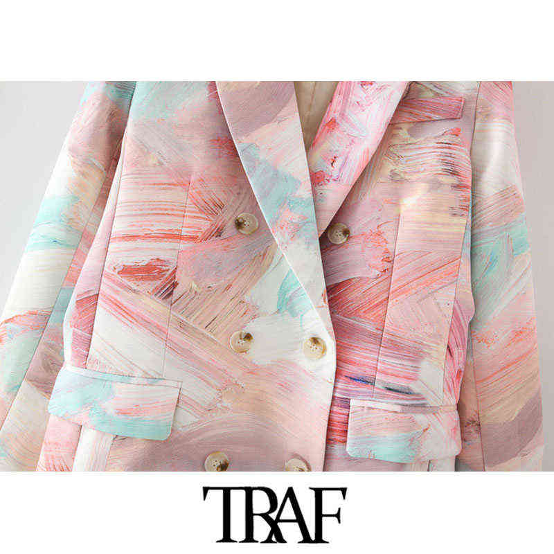 TRAF Women Fashion Double Breasted Graffiti Print Blazers Coat Vintage Long Sleeve Pockets Female Outerwear Chic Tops 211122