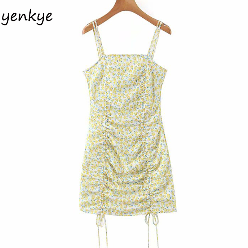 Sleeveless Sling Sexy Women Drawstring Bodycon Mini Modern Lady Yellow Floral Print Chiffon Dress Summer vestido 210515