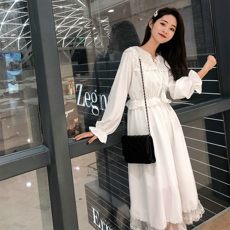 French Fairy White Dress Women Elegant Vintage Long Sleeve Party Dress Peter Pan Collar Bow Dress Korean Autumn 210521