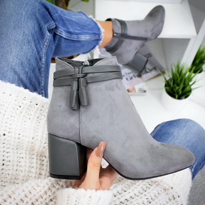 Boots 2022 Red Tassel Ankle Shoes Women's Single Autumn Winter Pointed Toe Thick With Short Leather Women