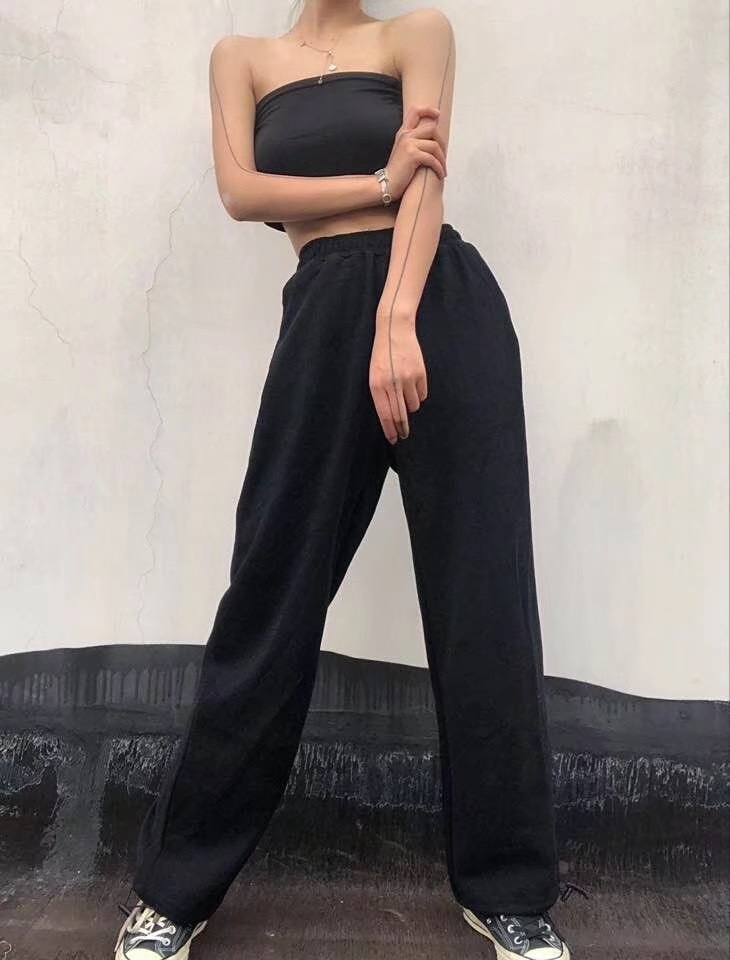 Streetwear Drawstring Elastic Waist Wide Leg Pants Cool Girl Adjust Cuff Casual Sport Trousers Women Joggers Leisure 210429