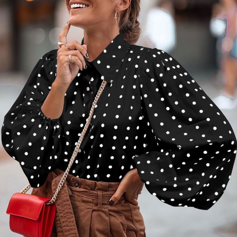 New Autumn Spring Cardigan Women Shirts White Black Polka Dot Blouse Women Tops Plus Size Lantern Sleeve Ladies Clothing 12372 210323