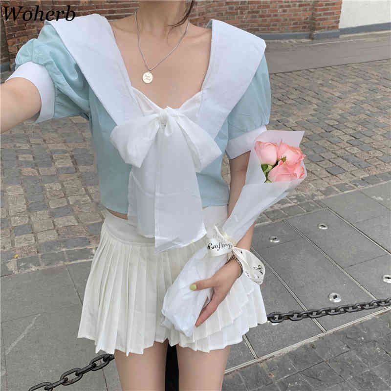 Summer Korean Women Blouses Crop Top Shirts Bow Bandage Elegant Tops Fashion Cute Blouse Kawaii Ladies Blusas Mujer 210519