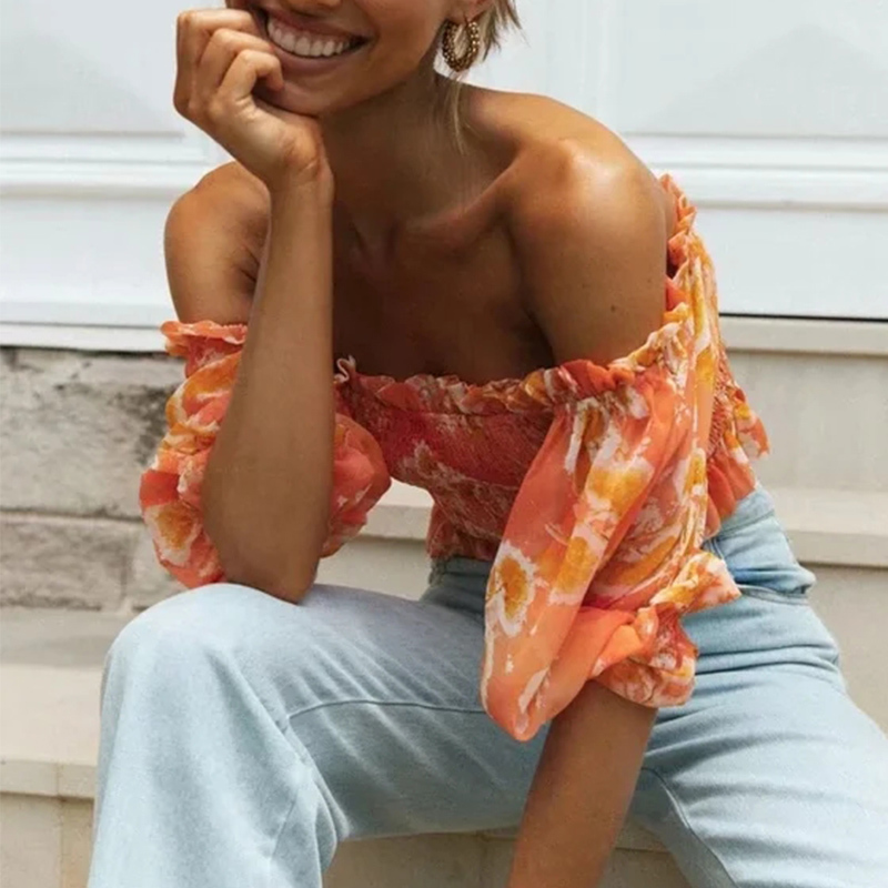 Off Shoulder Chiffon Blouse Tops Orange Women Half Sleeve Elastic Tube Crop Summer Beach Blusa Mujer 210427