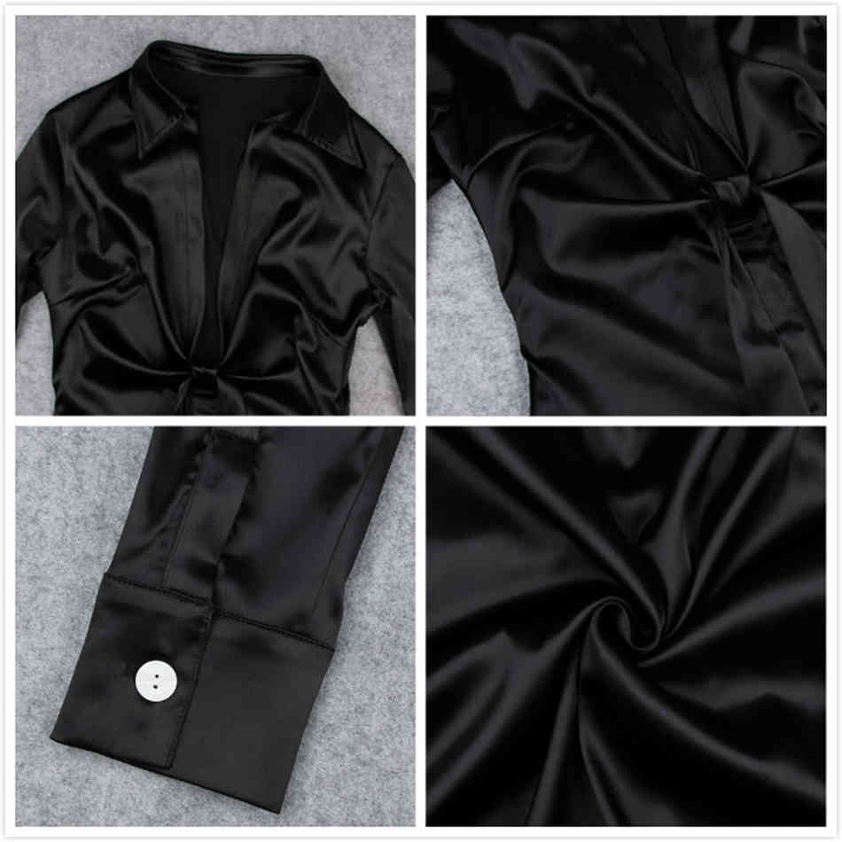 Free Women Black Satin Dress Sexy Deep V Neck Long Sleeve Bodycon Lace-Up Club Night Party Mini Vestidos 210524