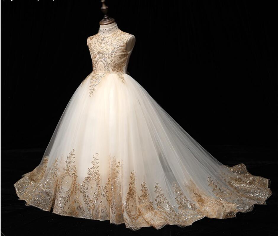 Wer Girl For Wedding Princess Gowns Golded Sequin Lace Children Clothes Formal Evening Party First Holy Communion Dresses 403 6660311