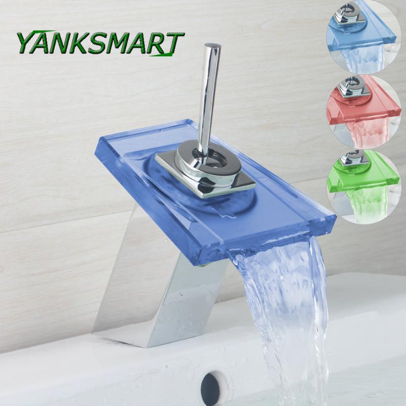 

Bathroom Sink Faucets YANKSMART LED 3 Colors Brass Chrome Mixers Taps Waterfall Glass Faucet Tap Basin Mixer Single Handle