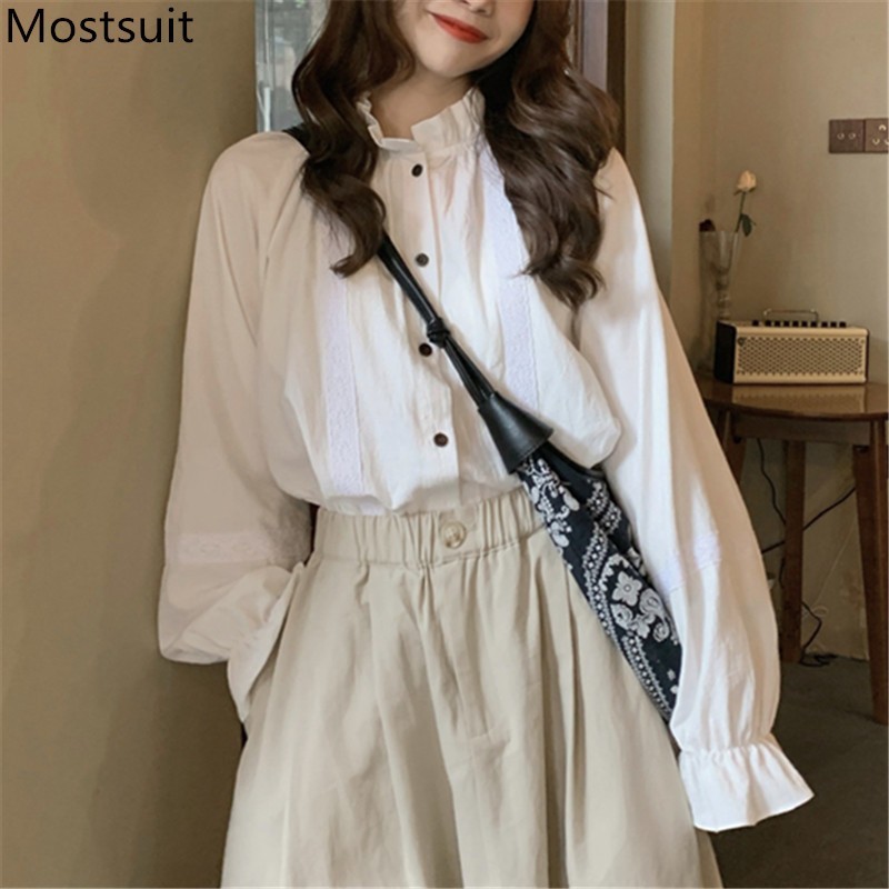 White Vintage Korean Shirt Women Stand Collar Lantern Sleeve Tops Solid Loose Fashion Ladies Blusas Femme 210514