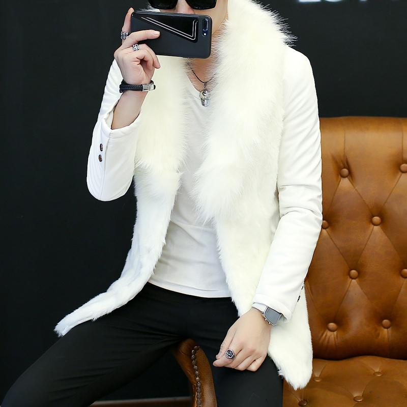 Mens Fur Faux Fashion Mens Leather Warm Long Coat Collar Outwear Black White Wint