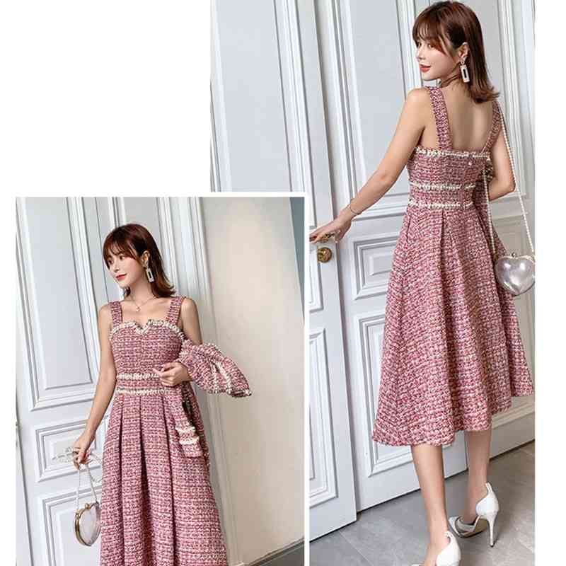 Winter fashion women's Tweed short coat and dress two-piece suit High Quality Women's Beading Dress 2 piece Sets 210520