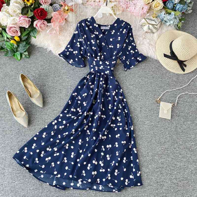 Heart Print Dress Women Elegant Korean Maxi Dresses Lady A Line Vintage V Neck High Waist Bandage Vestidos Party Robe 210519