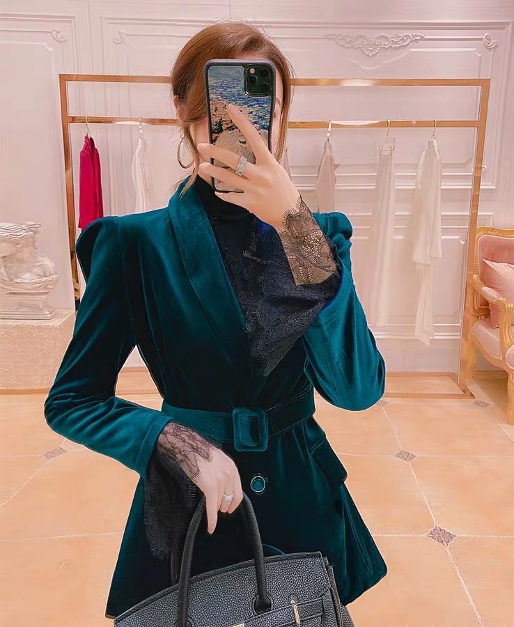 Two-pieces Set Elegant High-quality Women's Suit Long Pants Fashion Sleeve Ladies Jacket Casual Lace Velvet Flared 210421