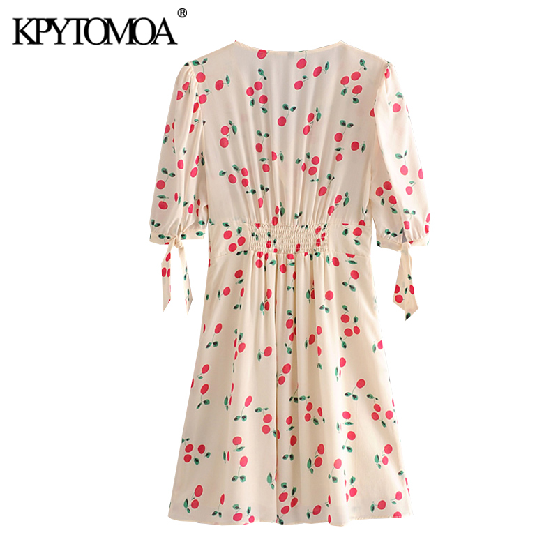 Women Chic Fashion Cherry Printed Buttons Mini Dress Tied Short Sleeves With Lining Female Dresses Mujer 210420