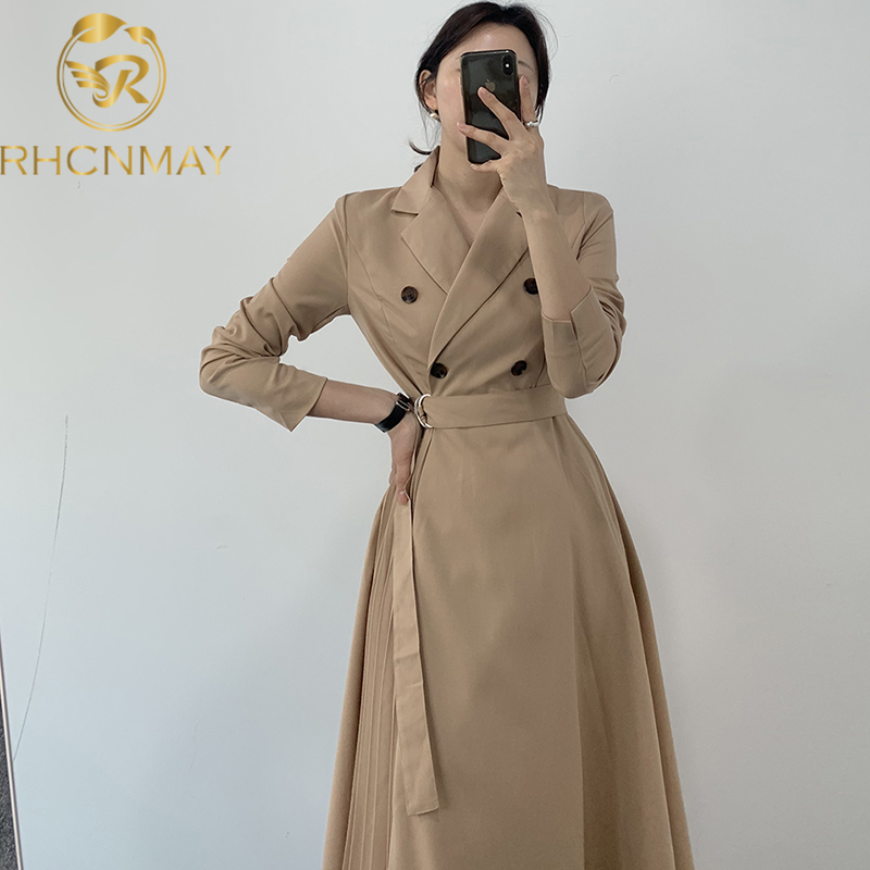 Fashion end British Wind spring and autumn Simplicity mid long double-breasted windbreaker slim temperament women's 210506