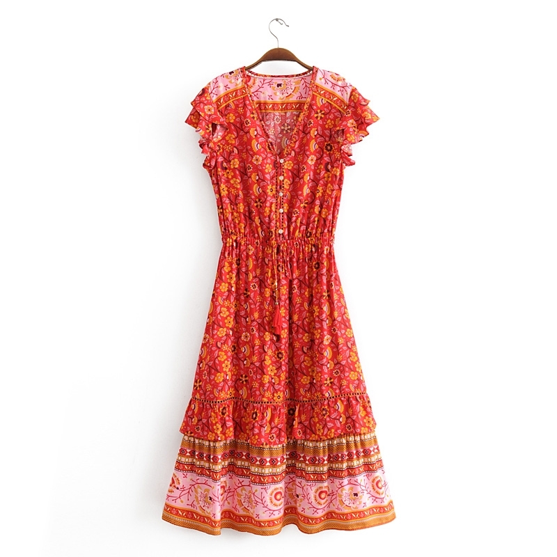 beauty Fashion Boho Floral Print Midi Dress Women Holiday Chic Hollow Out Dresses Female Summer Ruffles Beach Wear 210514