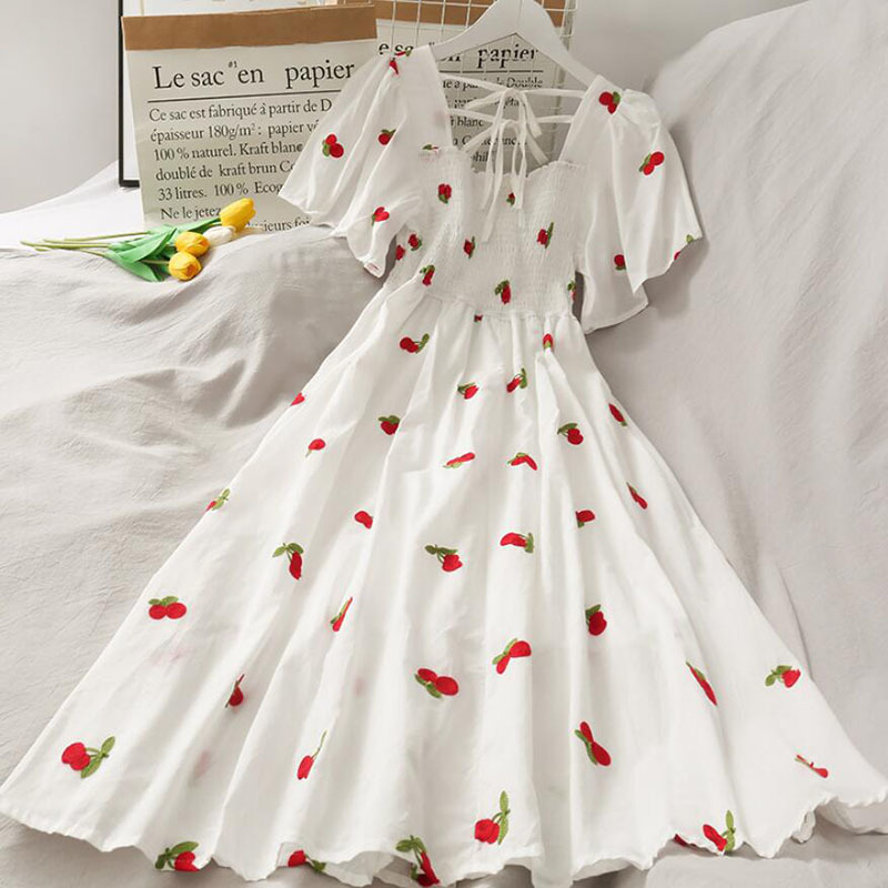Women Summer Dress Sweet Square collar Pineapple Print Dresses Ruffles A-line High Waist Dress Elegant Vestidos Clothes 210521