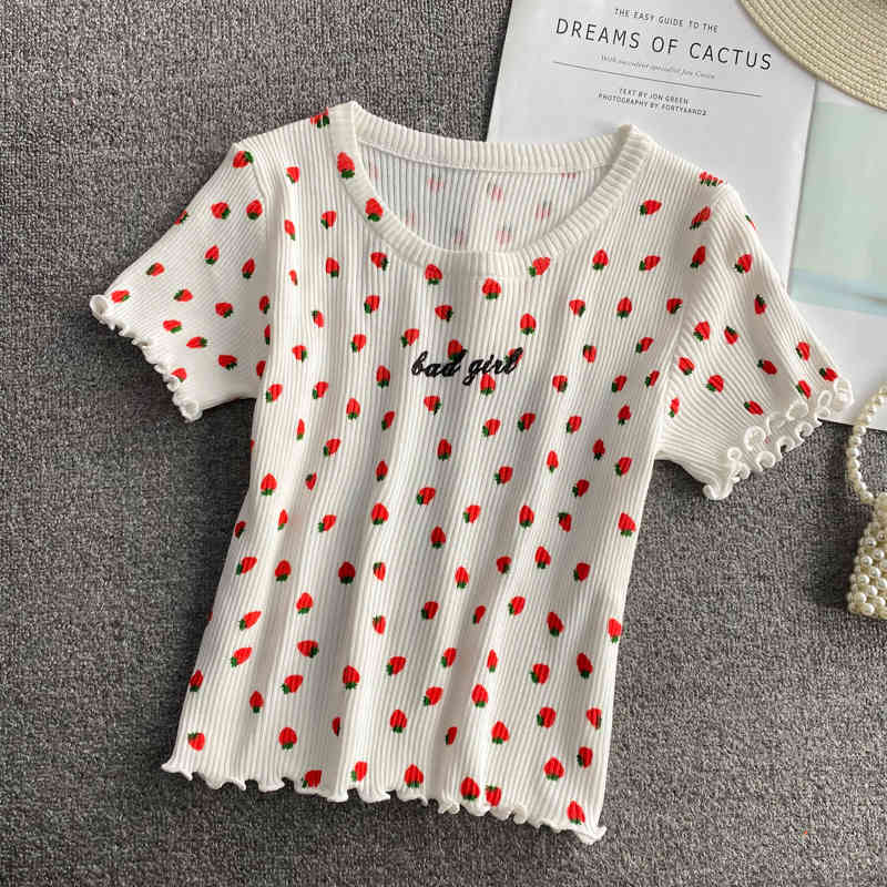 Sweet Retro Girls O Neck Short Sleeve Strawberry Print Tshirt Women High Waist Crop Tops Summer Wild Skinny Knitted Tees Chic 210429