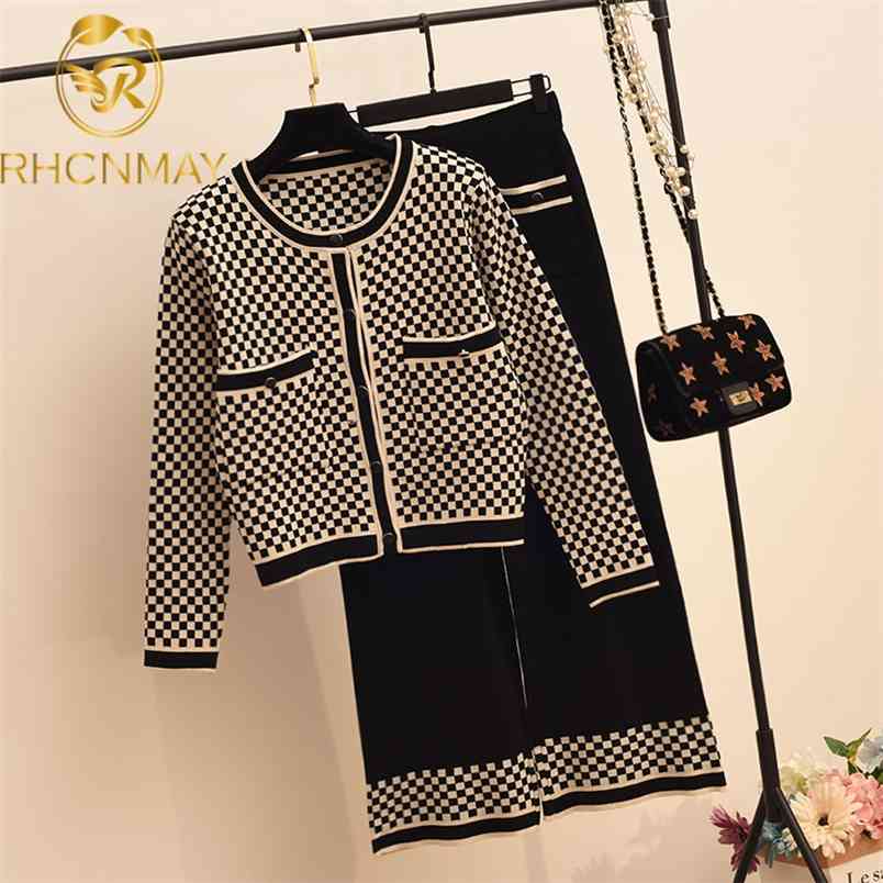 Autumn Suit Outfits for Women 2 Piece Set O-Neck Plaid Cardigan Wide Leg Pants Fashion Knitted Two Ropa Mujer 210506