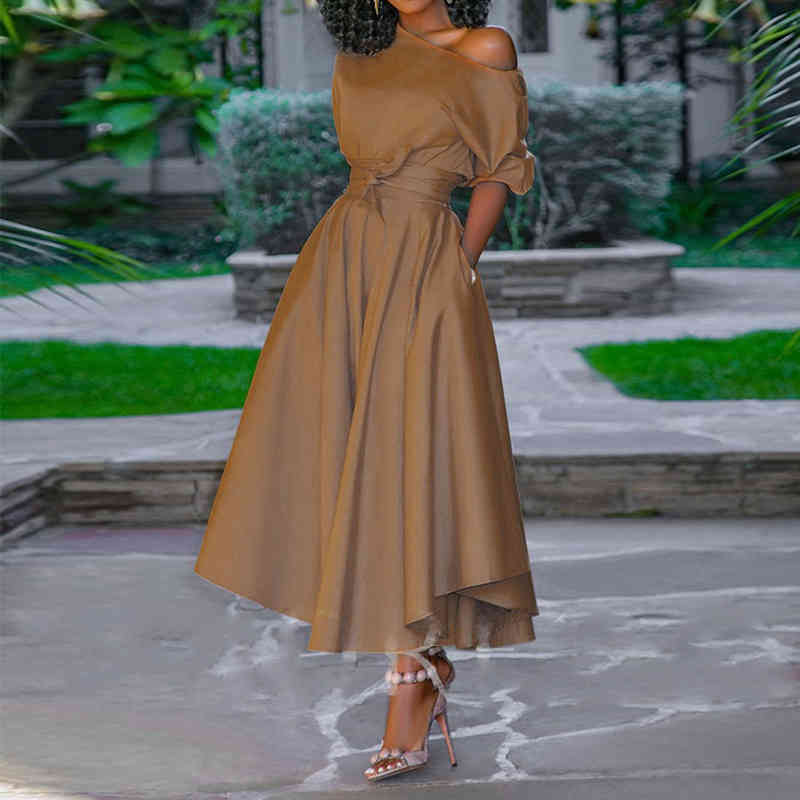 Paris Girl Casual Long Dress Women Summer One Shoulder Sexy Fashion Street Travel High Waist Robe Ladies Big Swing Elegant Day 210524