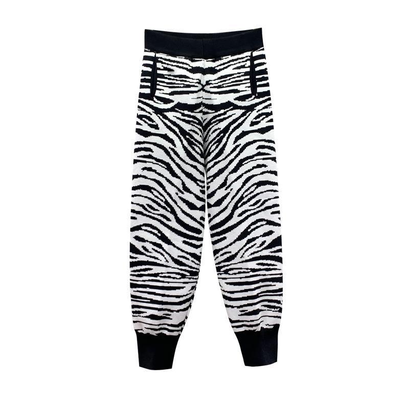 Nomikuma Fashion Zebra Striped Knitted Pants Korean High Waist Women Sweater Trousers Causal New Long Sweat Pants 6E048 210427