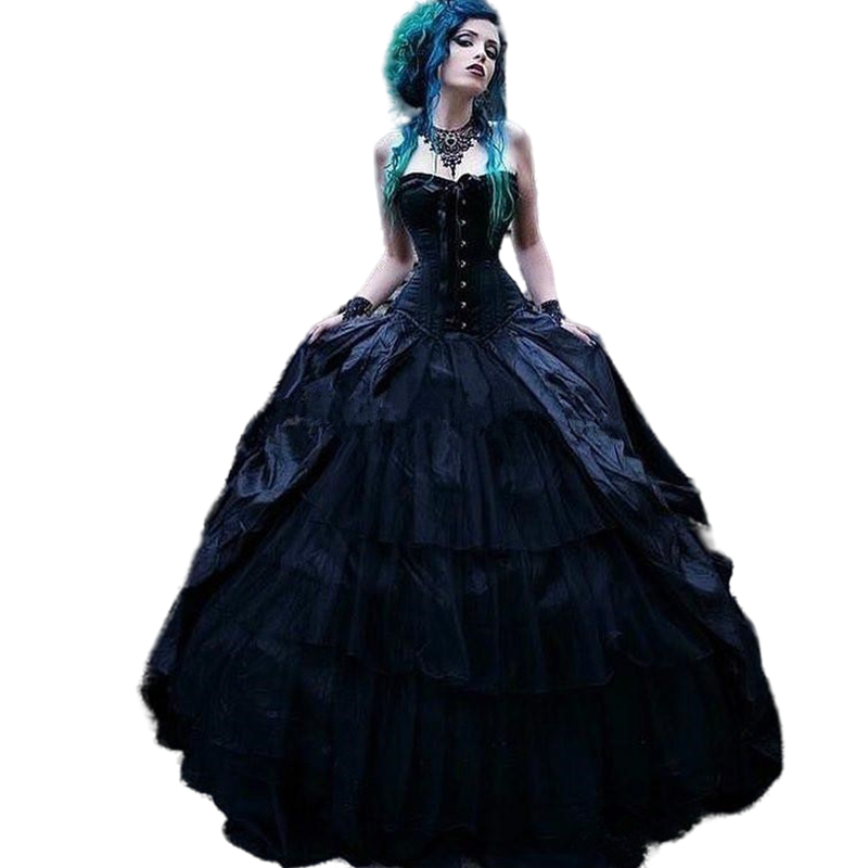 2022 Vintage Victorian Gothic Black Wedding Dresses Ball Gown Corset Strapless Tiered Skirt Bridal Gowns Plus Size Evil Queens Women Masquerade Dress