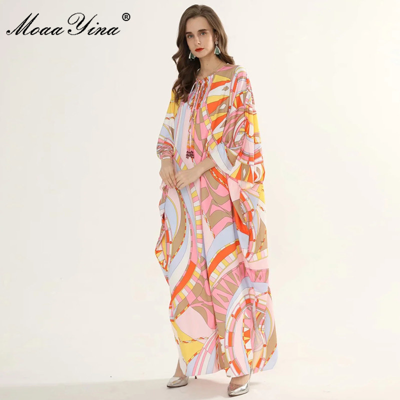 Fashion ner dress Autumn Women's Dress Batwing Sleeve Geometric Print Plus Size Loose Maxi Robe Dresses 210524