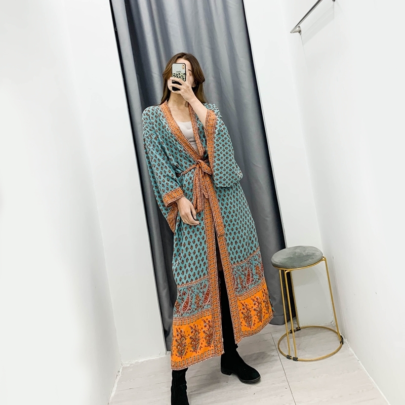 beauty Fashion Boho Style Floral Print Long Shirts Women Holiday Chic Sashes Kimono Female Summer Loose Beach Wear 210514