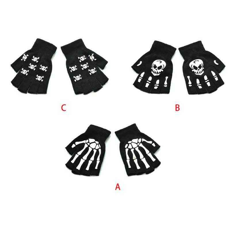 

2021 Unisex Adult Halloween Skeleton Skull Half Finger Gloves Glow in the Dark Fingerless Stretch Knitted Winter Mittens