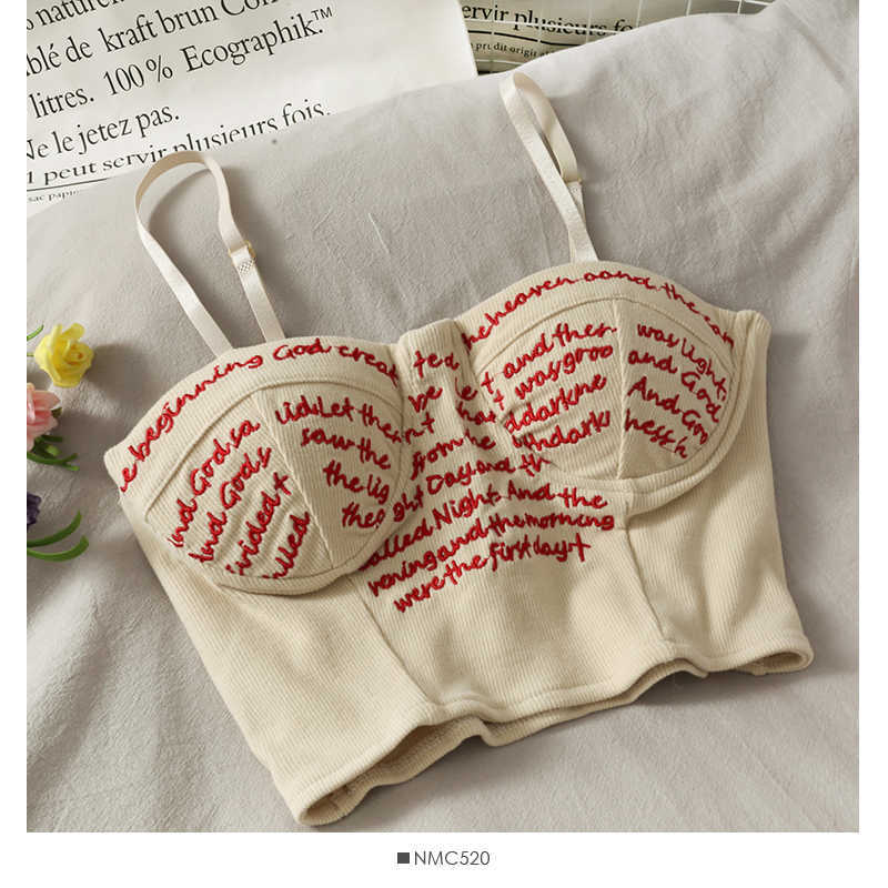 Spring Summer Ladies French Bra Letters Embroidery Short Underwear Bandeau Camisole Women Fashion Sexy Backless Vest Top 210625