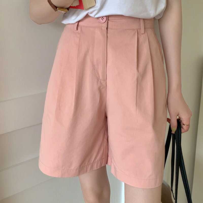 Summer Women Shorts Korean Fashion Bottoms Causal Solid High Waisted Wide Leg Short Feminimos 6H784 210603