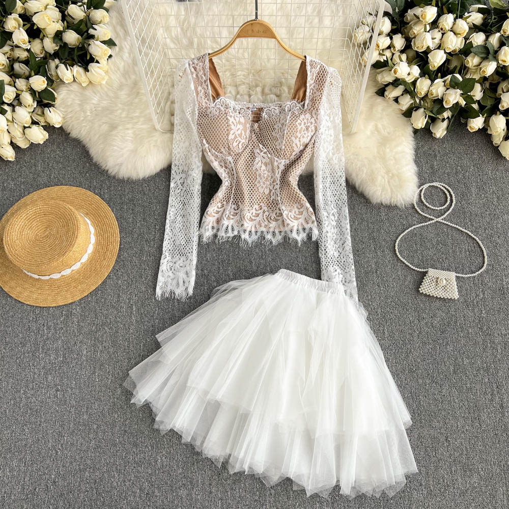 New design womens sexy eyelash lace v-neck padded long sleeve shirt and elastic waist layered ball gown gauze skirt dress suit twinset