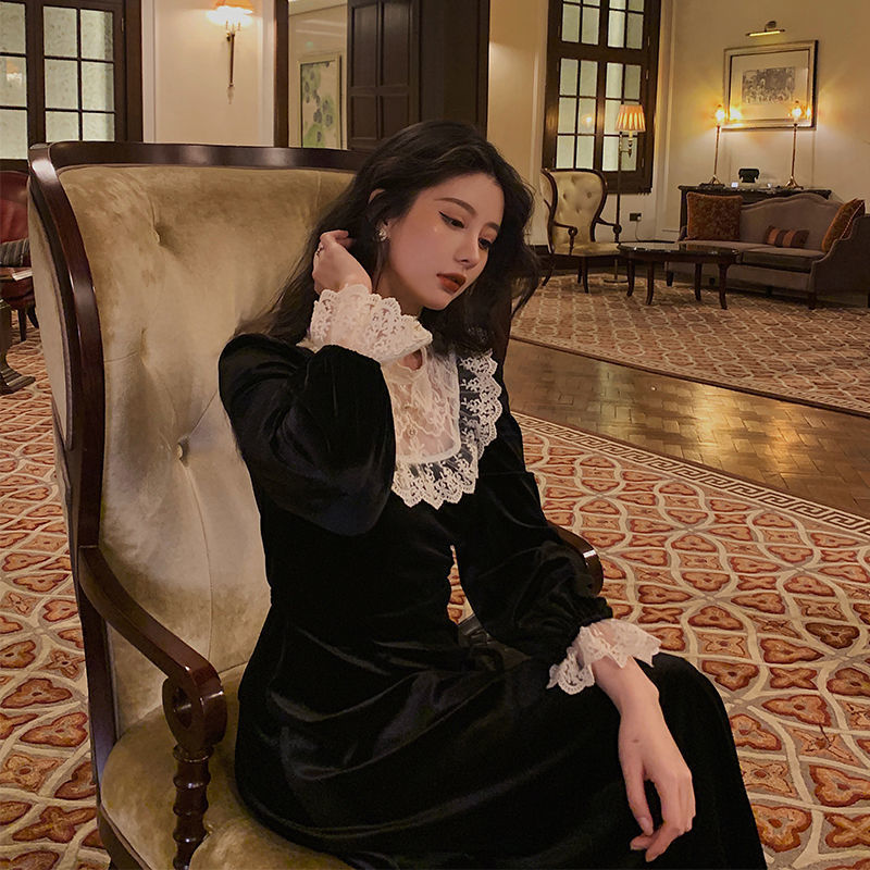 French Black Vintage Dress Women Spring Evening Party Dress Female Casual Retro Elegant Winter Dress Korean Cute 210521