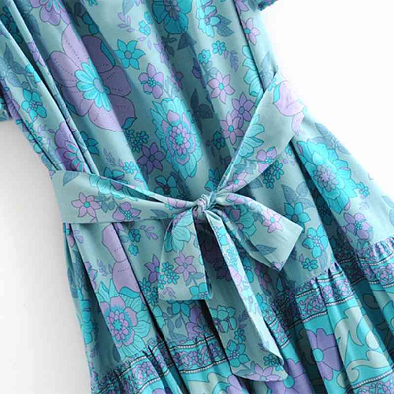 beauty Fashion Boho Style Floral Print Midi Dress Women Holiday Chic Sashes Short Sleeve Tassel Mini Dresses Female 210514