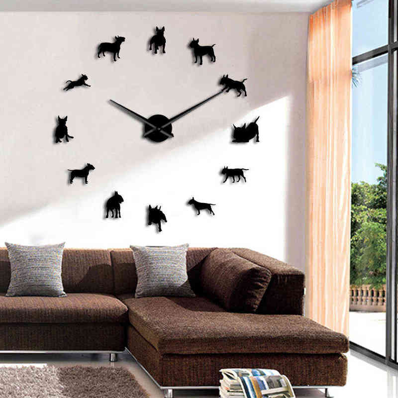 DIY Large Wall Clock Bullterrier Dog Wall Art Dog Breed Pug Needle Clock Watch Pet Shop Decor Gift for Bull Terrier Lovers H1230