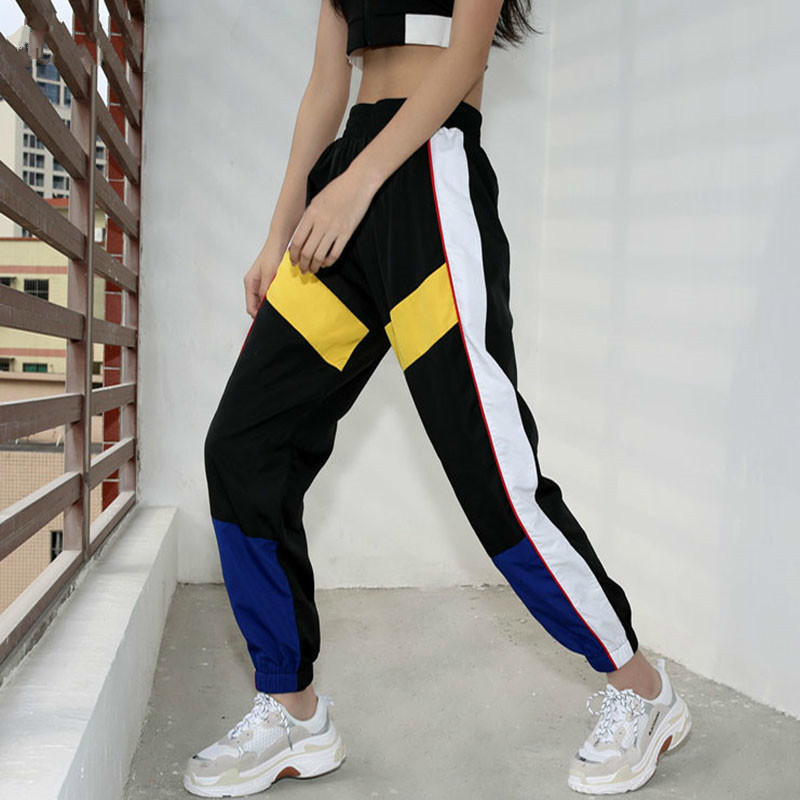 Patchwork Long Harem Pants Women Sweatpants High Side Striped Black Trousers Elastic Waist Fitness Workout FI226 210427
