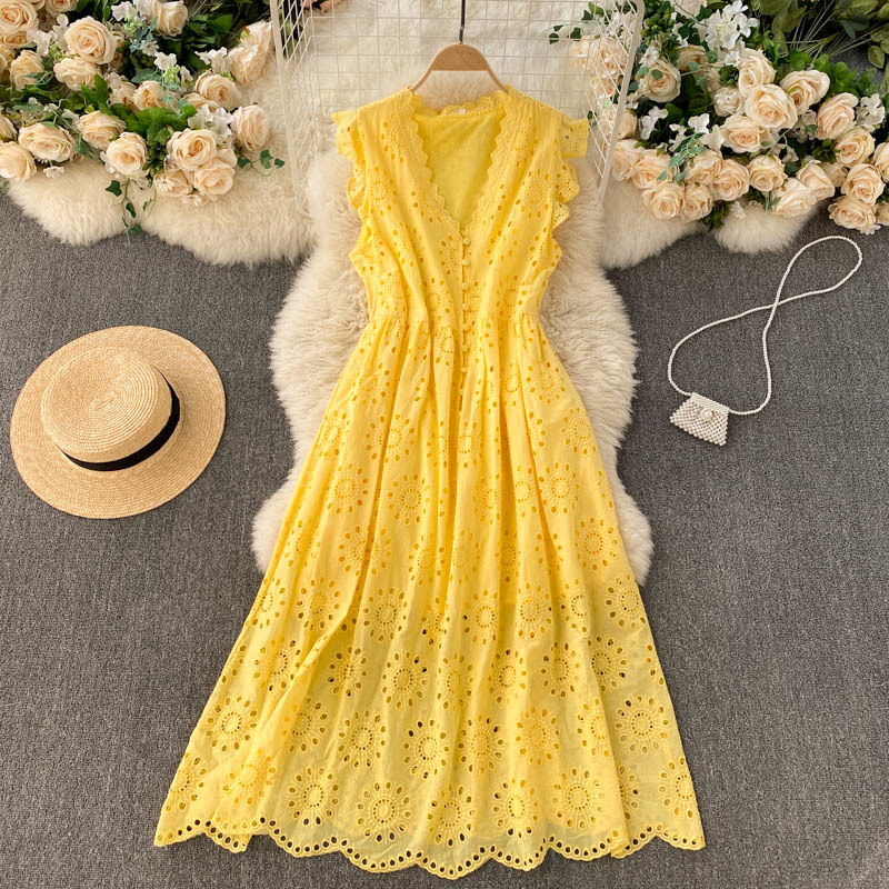 LoveFlowerLife Spring Summer Bohemia Solid A Line Dress V Neck Single Breasted Chiffon High Waist Women Dresses 210521
