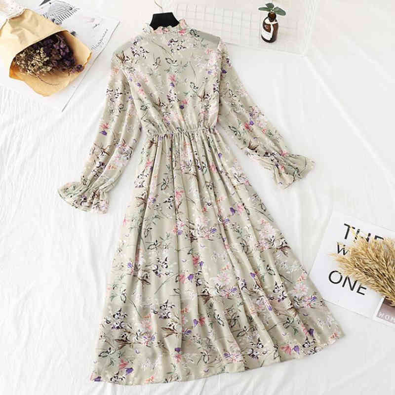 Women Flower Print A-Line Chiffon Dress Long Sleeve Ruffles Mid-Calf Party Dresses Vestidos Elastic Waist Vintage Dress 210521