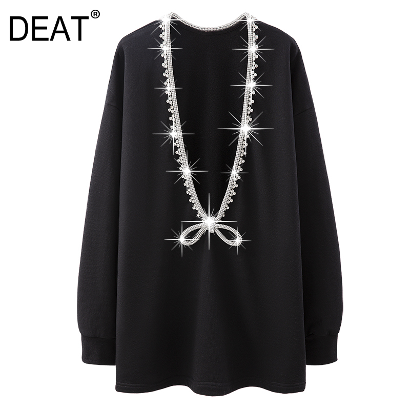 [DEAT] Solid Black Sweatshirt Long Sleeve Bow Chain Decorative Plus Size Y2k Clothes Hoodies Top Women Spring GX179 210428