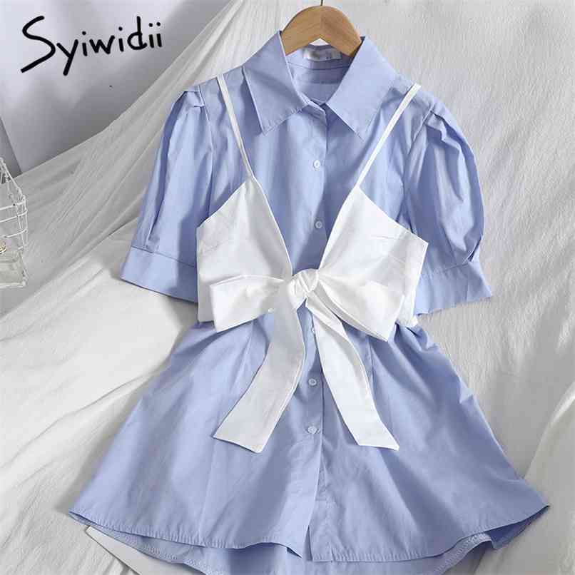 Dresses 2 Piece Set Womens Clothing White Bow Lace Up Caims Shirts Blue Puff Sleeve Dress Turn-down Collar Summer 210607, Blue dress
Dresses 2 Piece Set Womens Clothing White Bow Lace Up Caims Shirts Blue Puff Sleeve Dress Turn-down Collar Summer 210607, Blue dress