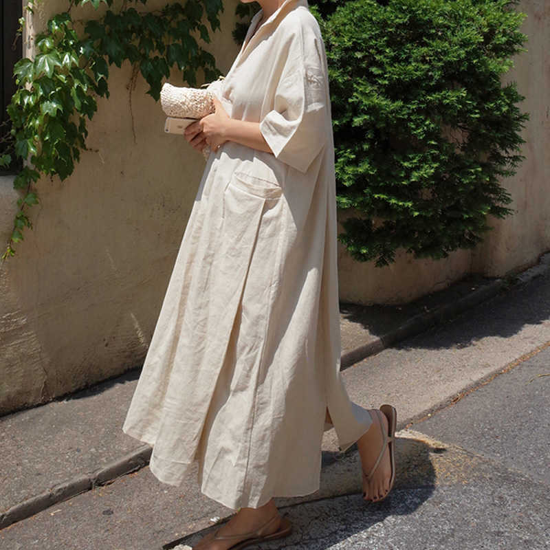 Johnature Women Vintage Cotton Linen Dresses V-Neck Solid Color Robes Summer Short Sleeve Pockets Female Loose Dresses 210630