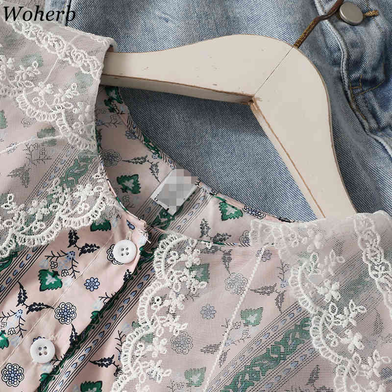 Lace Patch Turn Down Collar Women Blouse Flower Print Short Puff Sleeve Korean Chic Summer Shirt Vintage Blusa Mujer 210519