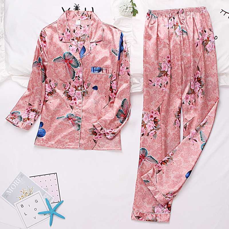 Autumn Winter Print Pattern Women Pajama Set Satin Silk Turn-down Collar Pajamas Sleepwear Long Sleeve Trousers Two Paper Suit 211007
